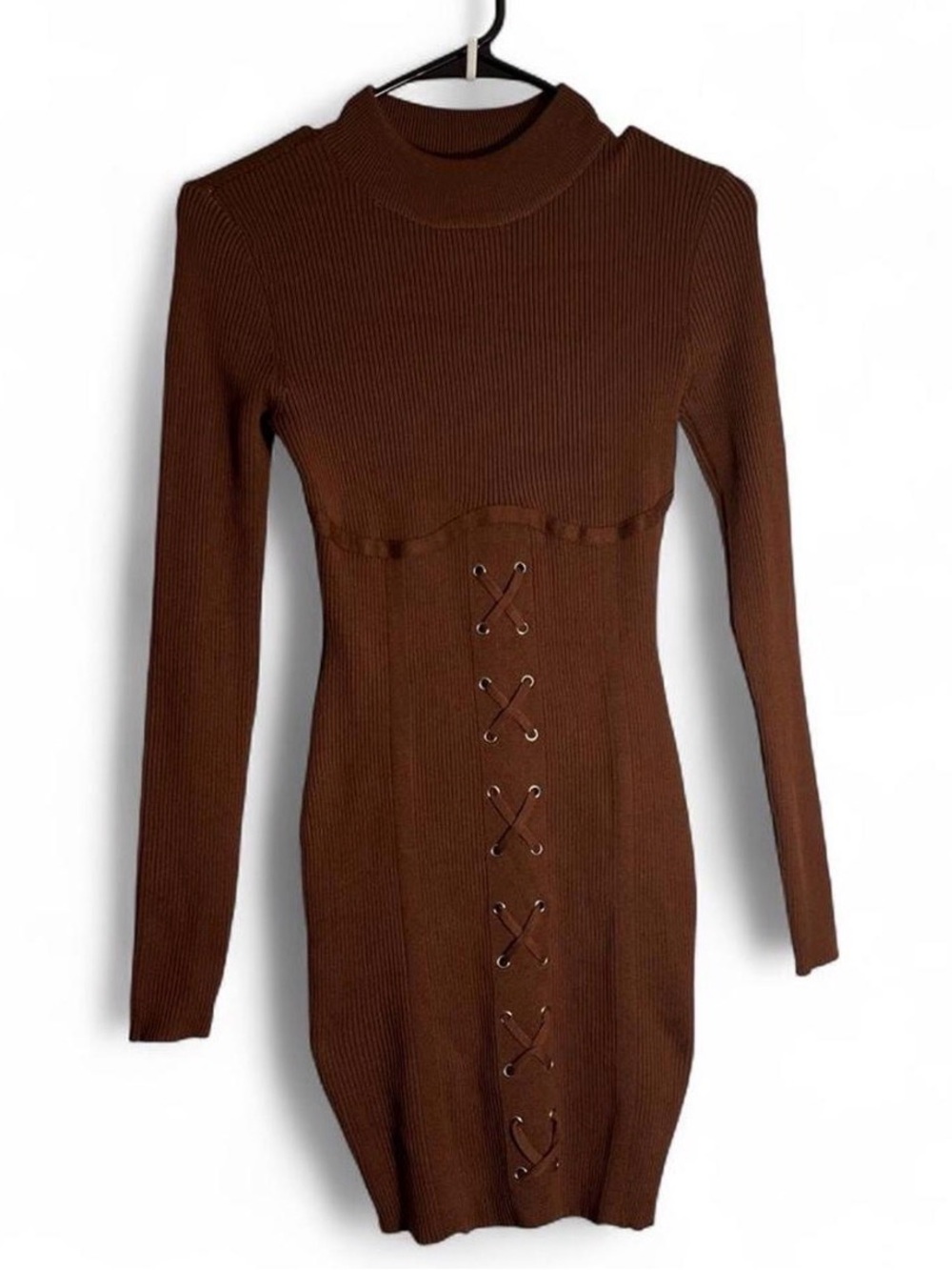 Fashion Nova Brown Ribbed Lace-Up Midi Dress